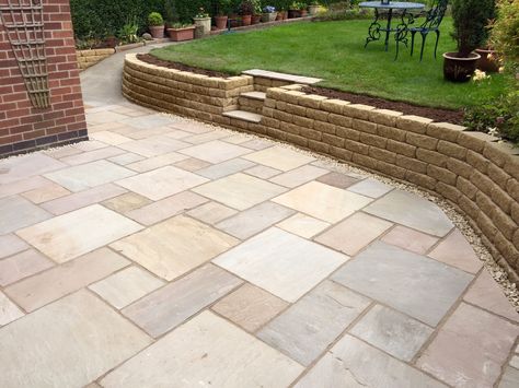 Stonemarket Sahara Natural Sandstone Patio and Walling  By West Bridgford Fencing & Landscaping ❤️ Patio And Wall Ideas, Basement Patio, Sandstone Patio, Brick Wall Gardens, Garden Water Fountains, Brick Garden, Hardscape Design, Garden Paving, Sloped Garden