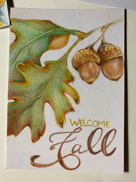 Autumn Painting Ideas On Canvas, Fall Drawings Ideas, Fall Themed Paintings, Colored Pencil Fall Drawing, Fall Colored Pencil Drawings, Autumn Pencil Drawing, Autumn Drawing Pencil, Fall Things To Draw, Fall Sketches Drawing