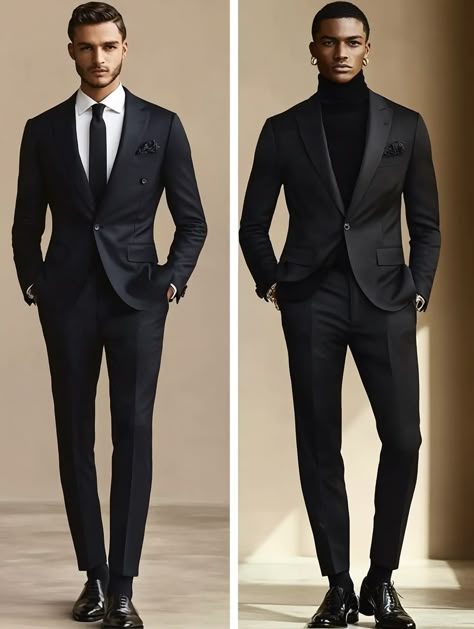 Whether you prefer classic elegance or modern edge, SuitCentury has the perfect suit for every style. Which look suits you best?   #SuitCentury #TailoredStyle #MensFashion #EventReady #blacktie #tuxed #menswear #bespoke #tailor Mens Black Turtleneck Outfit Suit, Men Suit Outfit Ideas, Men Suit Outfit, Black Turtleneck Outfit, Grooms Suit, Turtleneck Outfit, Black Suit, Suit Style, Black Turtleneck