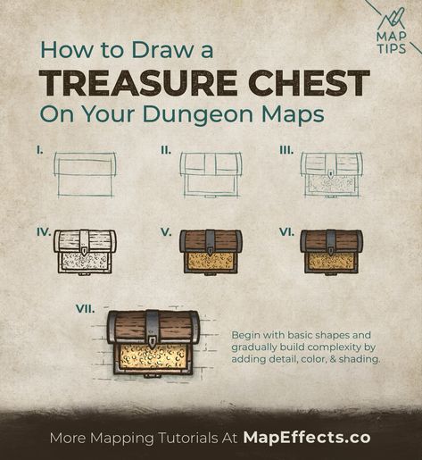 Tutorial on how to draw treasure chests on a fantasy dungeon map Treasure Chest Drawing, Open Treasure Chest, Treasure Map Drawing, Fantasy Map Drawing Ideas, Fantasy Map Ideas, Fantasy Treasure, Fantasy Map Drawing, Map Drawing Ideas, Map Effects