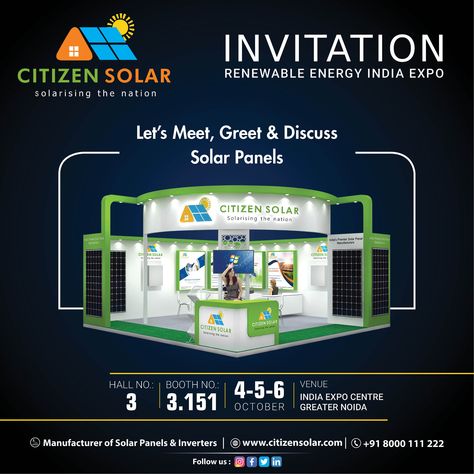 Let's Meet, Greet and Discuss Solar Panels! 📍 Venue: India Expo Center, Greater Noida 🗓️ Date: 4, 5, 6 October 2023 ▶ Hall No: 3 🔖 Booth No: 3.151 Contact Details: 📱 +91 8000 111 222 📧 info@citizensolar.com 🌐 www.citizensolar.com #reiexpo #reiexpoindia #exhibition #solarexhibition #invitation #solarmodule #expo2023 #solarenergy #solarpower #solarpanels #solarpanel #solarpanelsystem #solarmodule #delhi #noida #greaternoida #CitizenSolar #makeinindia #aatmanirbharbharat Expo Invitation, Exhibition Invitation, Expo Center, Solar Module, Invitation Design Template, Solar Panel System, Greater Noida, Diamond Free, Solar Cell