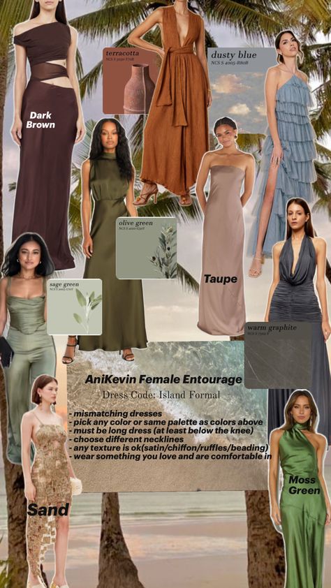 Island formal earth tone wedding guest attire Wedding Motif Color, Bridesmaid Dresses Color Palette, Wedding Reception Guest Outfits, Formal Wedding Guest Attire, Earth Tone Wedding, Philippine Wedding, Earth Tone Dress, Wedding Guest Attire, Earthy Wedding