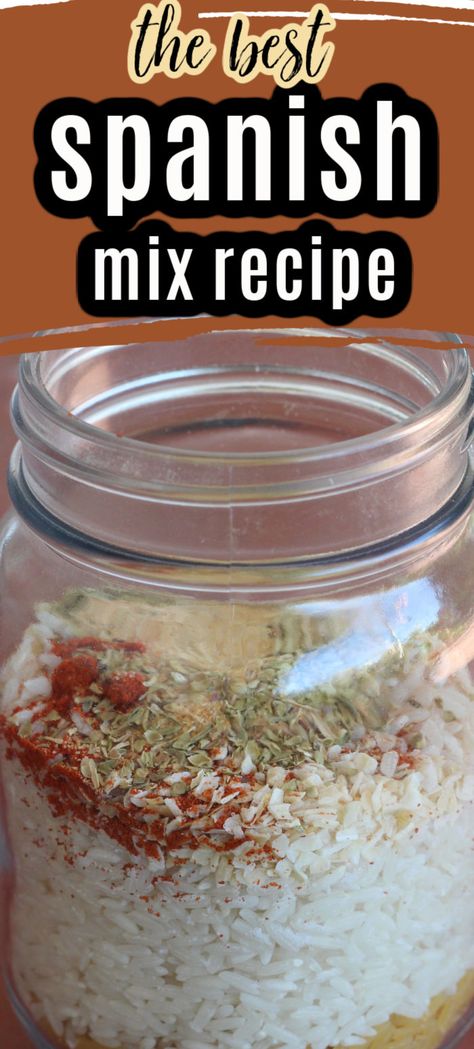 Homemade spanish rice mix in a jar with ingredients you already have on hand. One of my favorite DIY homemade mix recipes! Spanish Rice Mix In A Jar, Spanish Rice Seasoning Recipe, Diy Mixes In A Jar, Diy Rice A Roni Recipe, Rice Mixes In A Jar, Diy Rice A Roni Seasoning Mixes, Rice Mix Recipes, Rice Seasoning Mix Recipes, Diy Spanish Rice