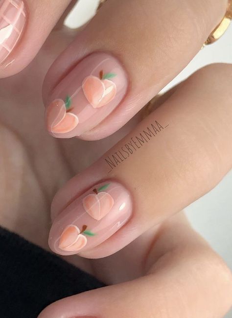 Peach Nail Art Fruit, Peach Themed Nails, Peach Design Nails, Peach Gel Nails, Peach Nail Designs, Peach Nail Art, Color Durazno, Pretty Manicures, Fruit Nail Art