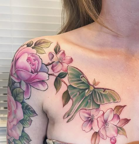 Beautiful Floral Tattoos, Luna Moth Tattoo Design Color, Moth Peony Tattoo, Colorful Chest Tattoo Female, Realistic Luna Moth Tattoo, Luna Moth With Flowers Tattoo, Luna Moth Shoulder Tattoo, Luna Moth Elbow Tattoo, Green Luna Moth Tattoo