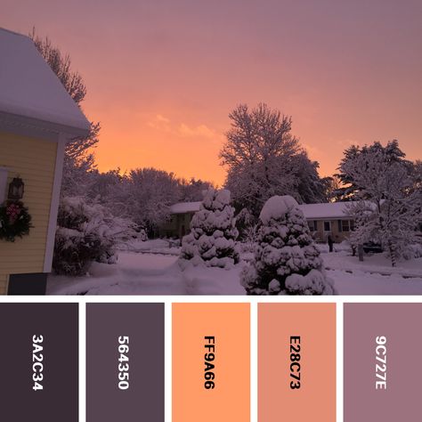 Winter Sunset Color Palette, Purple Orange Color Palette, Sunset Themed Wedding, Snow Sunset, Sunset Theme, Sunset Color Palette, Orange Color Palettes, Good Color Combinations, Winter Sunset