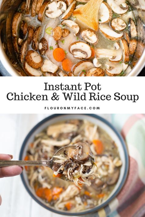 Instant Pot Chicken Wild Rice and Mushroom Soup recipe that is done in 30 minutes. Chicken Wild Rice Mushroom Soup, Instant Pot Wild Rice Soup, Instant Pot Wild Rice, Wild Rice Mushroom Soup, Rice Mushroom Soup, Wild Rice Mushroom, Chicken Soup Recipes Easy, Easy Chicken Soup, Chicken Wild Rice