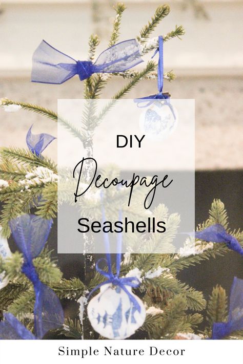 Learn to make a seashell ornaments by decoupaging them with napkins. #decoupage #seashells #christmasornaments Decoupage Shell Ornaments, Decoupage Seashells, Chinoiserie Ornaments, Christmas Orniments, Seashell Christmas Ornaments, Seashell Christmas, Shells Diy, Seashell Ornaments, Nautical Christmas