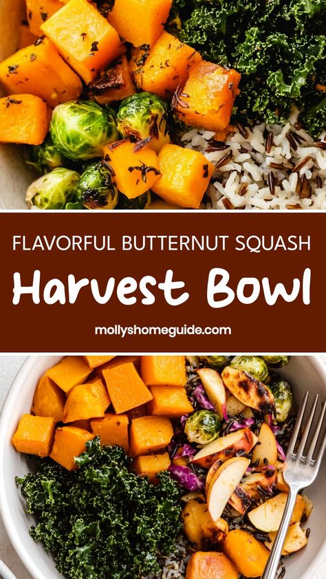 Indulge in the flavors of fall with this vibrant and nutritious butternut squash harvest bowl. Packed with roasted veggies, quinoa, and a savory tahini dressing, this bowl is perfect for a cozy meal on chilly evenings. The combination of sweet butternut squash, hearty grains, and creamy dressing creates a deliciously satisfying dish that will leave you feeling nourished and satisfied. Butternut Squash Harvest Bowl, Quinoa Harvest Bowl, Fall Quinoa Bowl, Autumn Bowl Recipe, Butternut Squash Bowl, Harvest Bowl Recipe, Fall Harvest Bowl, Healthy Bowls Clean Eating, Butternut Squash Rice