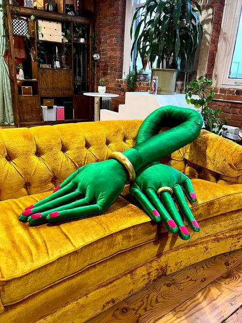 Hands are like clouds; their meaning keeps changing every minute. Temptation green royal velvet. Feels nice to pet. Decorative. A friend. Reddish... Women Cave Ideas, Women Cave, Glitter Room, Girl Cave, Hand Pillow, Woman Cave, Funky Home Decor, Dream House Interior, Eclectic Interior