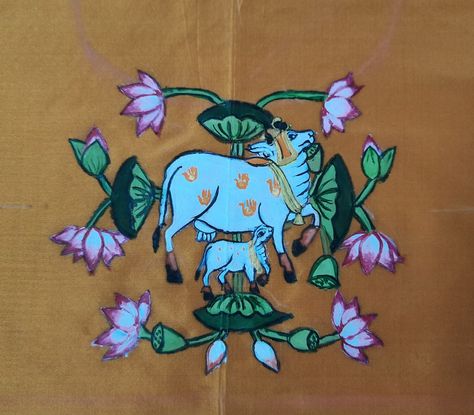 Pichwai Cow, Cow Embroidery, Magam Work, Saree Painting Designs, Saree Painting, Cow Painting, Handwork Embroidery Design, Painting Designs, Embroidery Blouse