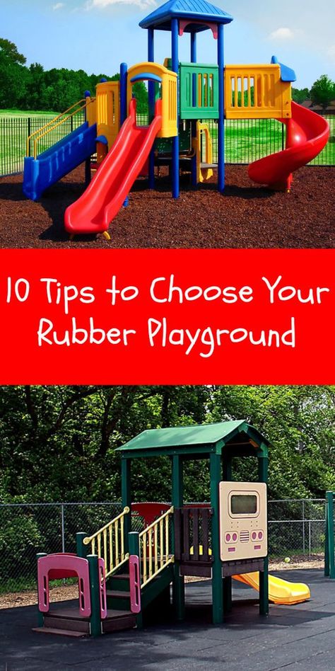 10 Tips to Choose Your Rubber Playground: Tiles or mulch? Find out which is the right choice for you. Rubber Mulch Playground, Playground Flooring Outdoor, Playset Landscaping, Rubber Playground Flooring, Playground Backyard Diy, Playground Rubber Mulch, Rubber Tiles Playground, Outside Playground, Kids Outdoor Playground