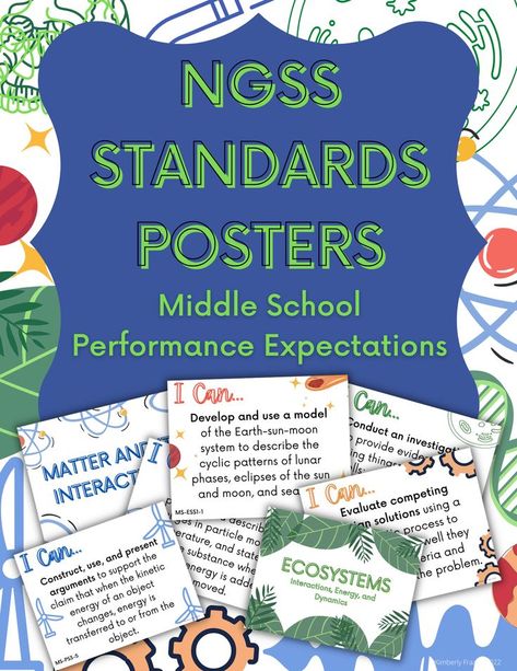 Jazz up your classroom decor with these science-tastic NGSS standards posters! This file contains 71 pages, which includes a poster for each middle school (grades 6-8) NGSS standard, as well as a poster for each DCI (disciplinary core idea). Each topic is color coded: Blue - Physical Science Green - Life Science Red - Earth and Space Science Orange - Engineering, Technology and Applications of Science #NGSS High School Earth Science, Science 3rd Grade, Physical Science High School, Earth Science Middle School, Physical Science Middle School, Life Science Middle School, Standards Based Grading, Elementary School Science, Physics High School