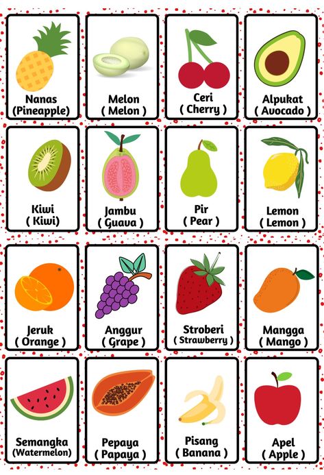 Flash card, kartu bergambar, buah buahan, anggur, jeruk, stroberi, orange, grape, fruits Fruits Flashcards For Kids, Fruits Flashcards, Printable Fruits, Classroom Awards Certificates, Fruits Name In English, Letter Worksheets For Preschool, Indonesian Language, All About Me Preschool, Homeschool Preschool Activities