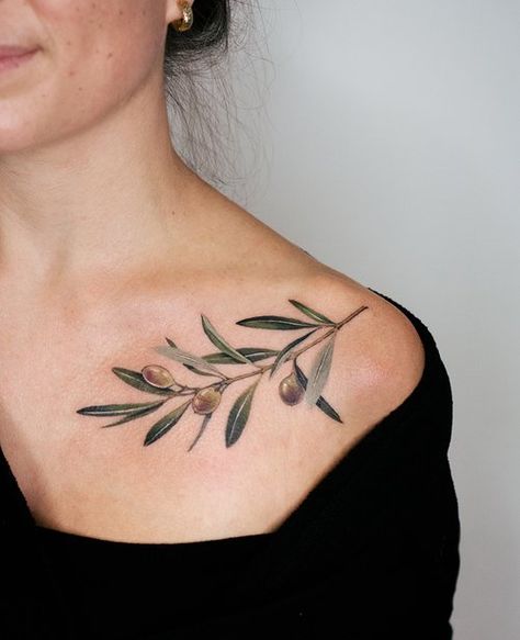 Olive Tattoo, Clavicle Tattoo, Olive Branch Tattoo, Tattoo Machine Tattoo, Needle Tattoo, Pink Tattoo, Branch Tattoo, Circle Tattoos, Tattoo Needle