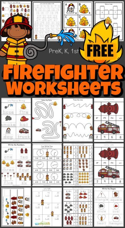 Learning about fire safety is important! These firefighter worksheets combine learning about fire fighters and math and literacy skills with over  50 pagesof free firefighter pirntables.  Use the firefighter worksheet pack to celebrate fire prevention month with toddler, preschool, pre-k, kindergarten, and first graders. Simply print the kindergarten worksheets perfect for fire safety month, upcoming community helpers theme, or a fire fighter theme. Community Helpers Printables, Fire Safety Worksheets, Fire Safety Preschool Crafts, Fire Prevention Month, Fire Safety Free, Fire Safety For Kids, Fire Safety Theme, Fire Safety Activities, Fire Safety Preschool