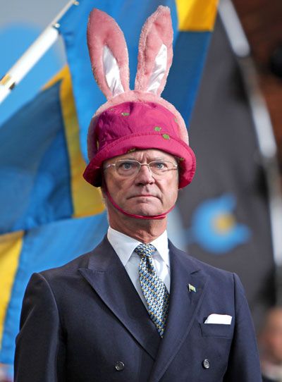 King Gustav of Sweden with pink bunny ears hat, not the least bit photoshopped Silly Hats, Bunny Ears, The King, Sweden, Hats, Pink