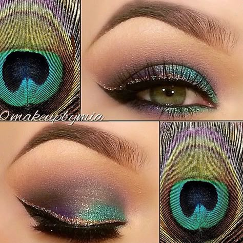 A Collection of Colorful Eyeliner Makeup Ideas for Vivacious Spring Looks Colored Eye Makeup For Brown Eyes, Peacock Eye Makeup, Carnaval Make-up, Peacock Eyes, Budget Makeup, Eyeshadow Ideas, Competition Hair, Video Makeup, Prom Outfit