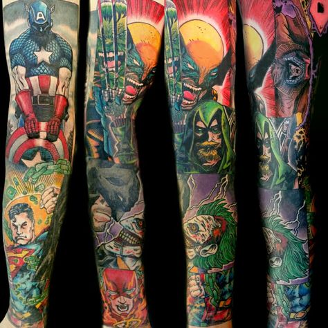 Comic Book Sleeve Tattoo by Steve Rieck from Las Vegas, NV Marvel Tattoo Sleeve, Colored Tattoos, Dc Tattoo, Comic Book Tattoo, Tattoo Artists Near Me, Comic Tattoo, Batman Tattoo, Marvel Tattoos, Gaming Tattoo