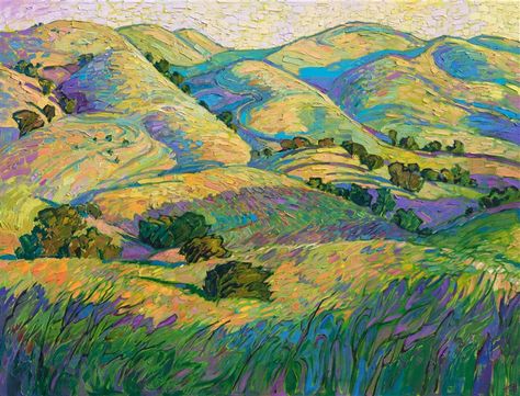 California wine country rolling hills, painted by American expressionist painter Erin Hanson American Impressionism, Erin Hanson, Contemporary Impressionism, Modern Impressionism, Impressionism Art, Impressionist Art, Abstract Landscape Painting, Rolling Hills, Art Wall Art