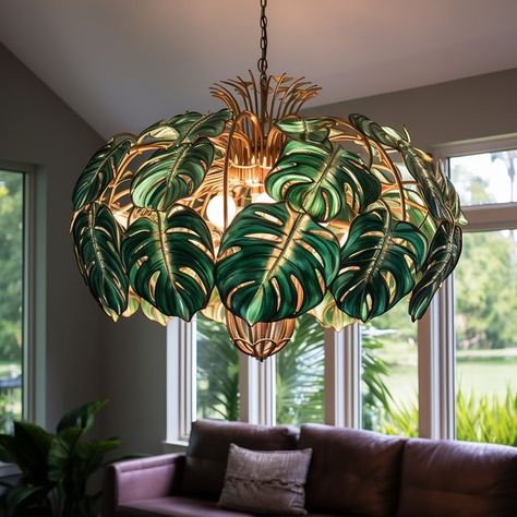 Monstera Leaf Chandelier, Animal Chandelier, Tropical Lighting, Treehouse Interior, Optometry Practice, Colourful Floor, Tropical Accessories, Painting Lamp Shades, Flower Artists