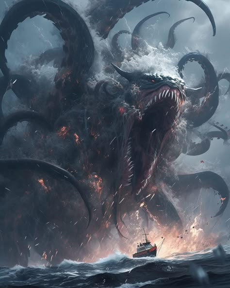 The Assault of the Kraken Ancient Monsters Art, Horror Reference, Kraken Monster, Ocean Monsters, Dark Inspiration, Creature Reference, Kraken Art, Drawing Bases, Ocean Adventure