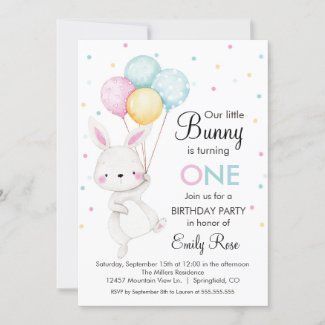 Little Bunny Balloons Birthday Invitation #ad Bunny Balloons, Bunny Birthday Theme, Bunny Balloon, Bunny Invitations, Bunny Birthday Party, Floral Birthday Invitations, Bunny Party, 1st Birthday Themes, Bunny Birthday