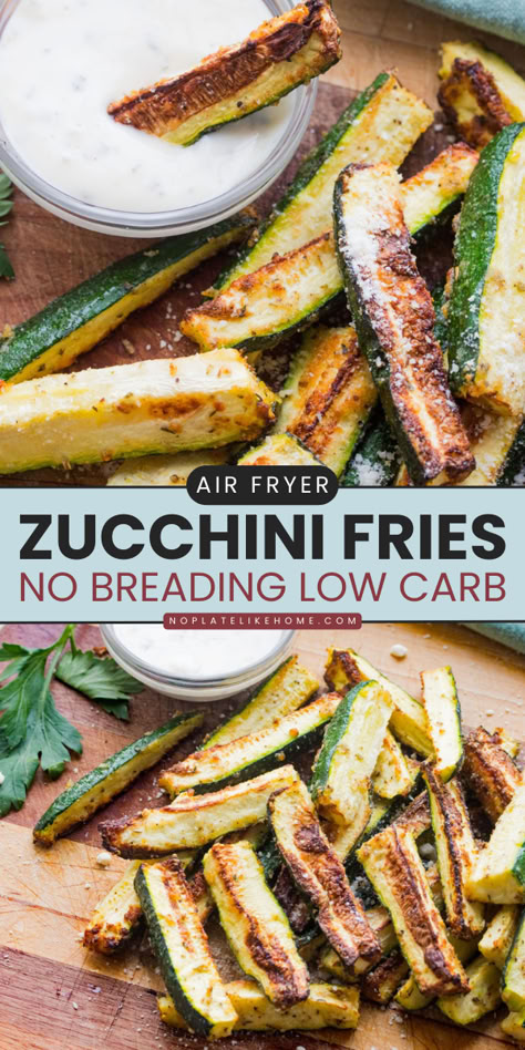 These Zucchini Air Fryer Fries make the best side dish for dinner! They’re low-carb, gluten-free, vegetarian, and a healthy alternative to French Fries. Add this recipe to your easy finger food ideas! Air Fryer Zucchini Fries Low Carb, Low Carb Baked Zucchini Fries, Zucchini Fries Healthy, Zucchini Fries No Breadcrumbs, Keto Zucchini Fries Air Fryer Recipes, Air Fryer Zucchini Fries No Breading, Easy Zucchini Fries, Easy No Carb Dinner, Low Carb Veggie Snacks