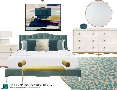 Shop Lesley's Style: Teal + Chartreuse Bedroom - Lesley Myrick Interior Design | Interior Designer in Atlanta and Macon, GA Chartreuse Bedroom, Chartreuse And Teal, Teal Bedroom Designs, Teal Bedroom, Wall Paint Colors, Room Transformation, Free Interior Design, Space Planning, Bedroom Inspo