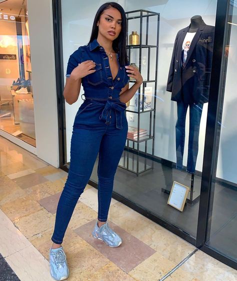 7,471 Likes, 80 Comments - Boushra (@boushra.d) on Instagram: “Outfit from @rebelliousfashion 🧢 —— Dark Blue Denim Short Sleeve Button Up Belted Waist Boilersuit…” Denim Jumpsuit Outfit, Dinner Dress Classy, Naija Fashion, Shirts For Leggings, Boiler Suit, Classy Casual Outfits, Dark Blue Denim, Classy Casual, Blue Denim Shorts