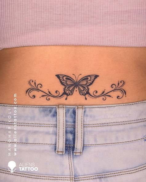 Bottom Stomach Tattoos, Big Tattoos For Women Meaningful, Butterfly Waistline Tattoo, Lower Back Butterfly Tattoos For Women, Low Back Tattoo Women Ideas, Lotus Flower Tramp Stamp Tattoo, Tramp Stamps Lower Backs, Pretty Tramp Stamp Tattoos Lower Backs, Tramp Stamp Tattoos Butterfly