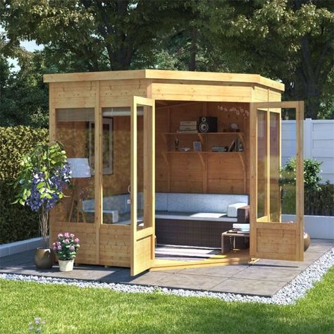 Garden Summerhouse, Small Summer House, Bespoke Garden, Summer House Design, Cabin Garden, Summer House Interiors, Studio Gym, Corner Sheds, Corner Summer House