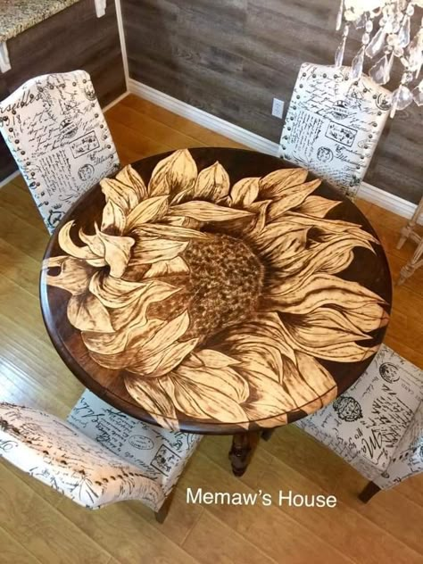 Sunflower Table, Table For 12, Old Washing Machine, Kitchen Table Makeover, Stained Table, Country Table, Wood Stains, Vinyl Tablecloth, Wood Burning Art