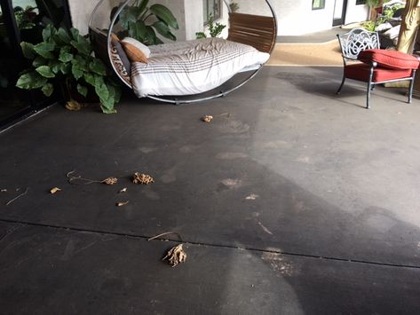 Muted, Black Acid Stained Patio Created with Direct Colors Black Acid Stain. Check out more DIY projects. #patio Black Concrete Porch, Black Concrete Patio, Front Stoop Ideas, Stained Patio, Shop Living Quarters, Acid Stained Concrete Patio, Stoop Ideas, Stained Concrete Patio, Farmhouse Airbnb