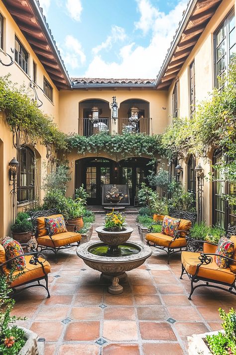 A courtyard garden with terracotta tiles, potted olive trees, and a central fountain. Wrought-iron furniture with colorful cushions offers a place to relax. Climbing vines and lanterns add charm to the space. --ar 2:3 --style raw --v 6.1 Cozy Bedrooms, Space Gallery, Chic Living Room, Chic Living, Stylish Home Decor, Furniture Arrangement, Unique Wall Art, Stylish Furniture, Inspiration Ideas