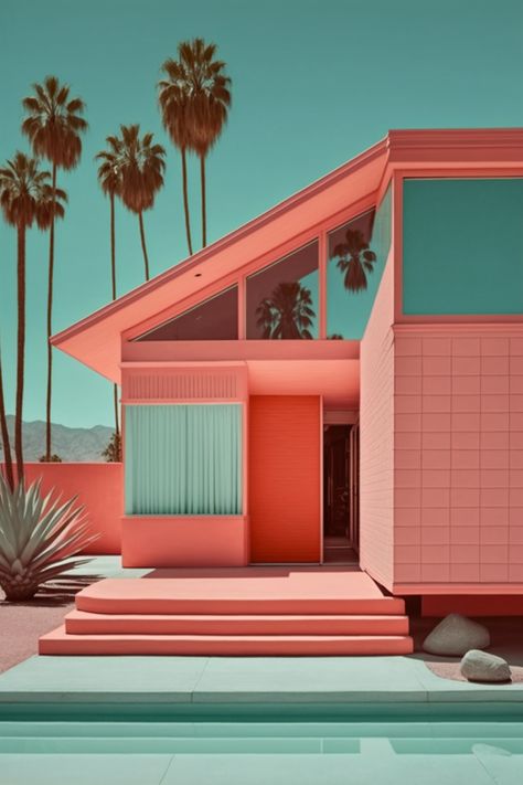 50s Palm Springs Aesthetic, Retro Palm Springs Aesthetic, 80s Architecture, Palm Springs Color Palette, Retro Miami, Retro Architecture Buildings, Spring Architecture, Art Deco Architecture Miami, Mid Century Palm Springs