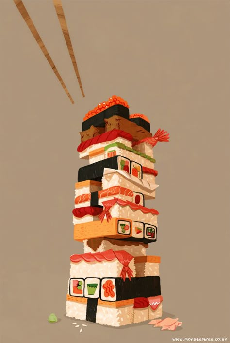 Jenga Art, 귀여운 음식 그림, Food Artists, Sushi Art, Food Illustration Art, Illustration Food, Arte Inspo, Food Drawing, Food Illustration