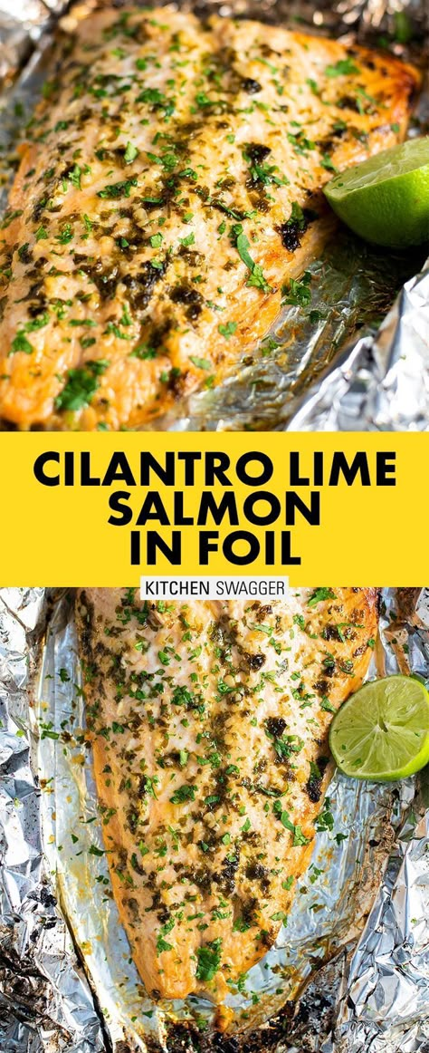 Salmon With Cilantro, Foil Salmon, Salmon In Foil Recipes, Cilantro Lime Salmon, Salmon In Foil, Lime Salmon, Butter Salmon, Salmon Dinner, Baked Salmon Recipes