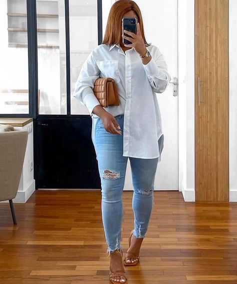 Denim And White Outfits Casual, Casual Plus Size Outfits Spring, Denim And White Outfits Classy, Black And White Shirt Outfit, White Shirt Ideas, White Button Up Outfit, Outfit Ideas For Black Women, Oversized White Shirt, White Shirt Outfits