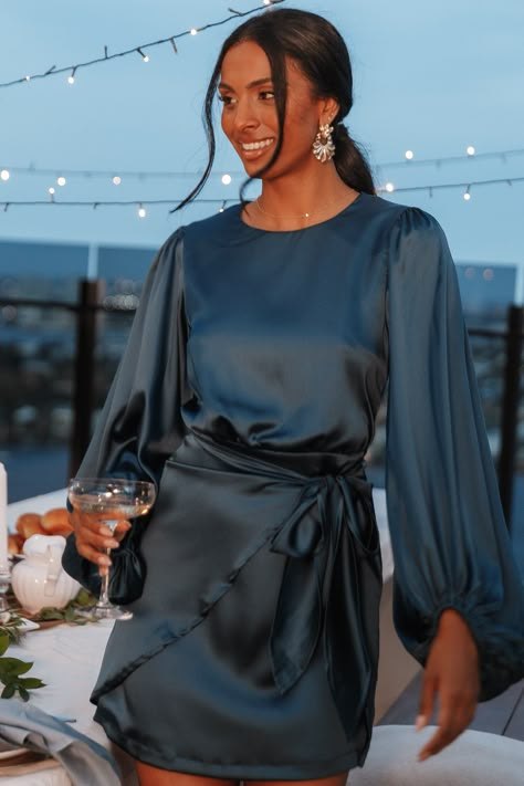 Gorgeous navy blue satin dress with sleeves for a fall or winter wedding guest. #commissionlink #weddingguest #dresses #bluedress Opal Dress, Winter Wedding Guests, Petal And Pup, Fall Wedding Guest, Fall Wedding Guest Dress, Guest Attire, Wedding Attire Guest, Cocktail Attire, Usa Dresses