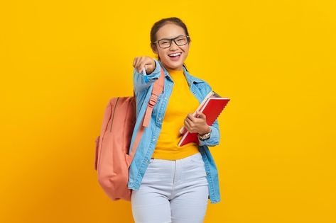 School Photoshoot, Book And Pen, Background Education, Student Photo, Education College, College University, Casual Clothes, Yellow Background, Study Abroad