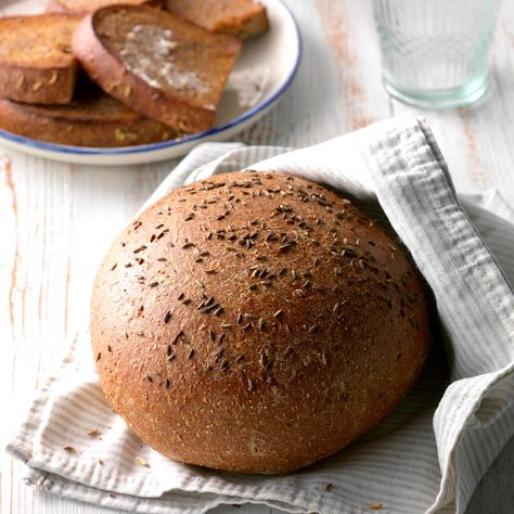 Rustic Rye Bread Recipe -This gorgeous rye bread has just a touch of sweetness and the perfect amount of caraway seeds. With a crusty top and firm texture, it holds up well to sandwiches, but a pat of butter will do the job, too. —Holly Wade, Harrisonburg, Virginia Homemade Rye Bread, Rye Bread Recipe, Rye Bread Recipes, Yeast Bread Recipes, Fried Fish Recipes, Baking Cocoa, Caraway Seeds, Cinnamon Bread, Yeast Bread