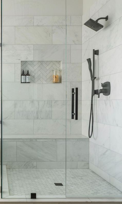 Shower Ideas With No Glass Door, Leg Shaving Shower Niche, In Built Shower Shelf, Shower Build In Shelf, Large Tile Small Shower Ideas, Tile Shower Dark Floor, White Grey Shower Tile Ideas, Shower With Built In Shelf, Pretty Shower Tile Ideas