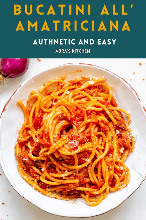 This Classic Bucatini all’Amatriciana recipe is rich and savory and easy to make with just a few simple ingredients. Not as heavy ragu and heartier than a pomodoro sauce, Bucatini all'Amatriciana is the most robust of the four classic Roman pastas. Its big tomato flavor is complimented by an intense salty porkiness from guanciale (pork cheek), a pop of chili flake heat, and savory red onions. Finished with tangy Pecorino Romano, this classic Roman sauce is a flavor powerhouse. Amatriciana Recipe, Amatriciana Sauce, Pomodoro Sauce, Pork Cheeks, All Amatriciana, Big Tomato, Pecorino Romano, Healthy Comfort Food, Pasta Shapes