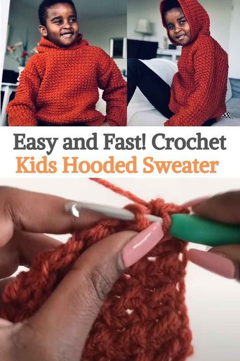 In this tutorial, we will learn how to crochet this hooded sweater for boys. The creator used the uniform moss stitch, which is quite elegant and pretty, but easy to do. The original project is meant for 6-8 year olds but you can adjust it to fit different sizes or other ages, for friction she used slip stitch only on the back strap which makes it really cool. You will need an acrylic yarn, the creator used the DK or medium weight yarn, she used 5 balls of yarn each of 100g, she also... Knitting Patterns Free Sweater Kids Boys, Easy Crochet Hoodie Pattern Free, Kids Crochet Sweater Pattern Free, Crochet Kids Sweater Pattern Free, Crochet Boys Sweater, Boys Crochet Sweater, Crochet Gifts For Boys, Kids Crochet Sweater, Crochet Hooded Sweater