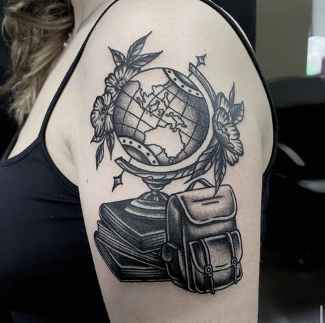 Traditional Tattoo Woman, Globe Tattoos, Steampunk Tattoo, Woman Sitting, Travel Tattoo, Traditional Tattoo, Skull Tattoo, Geometric Tattoo, Tattoos For Women