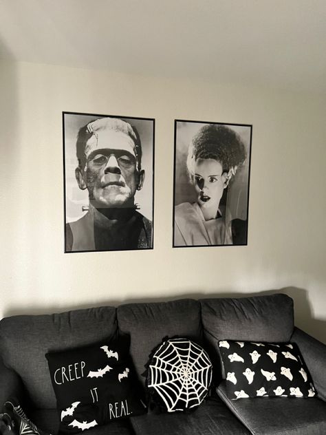 Found the posters at a local record store for $8 dollars each & frame from Walmart only $10 #aesthetic #frankenstein #goth follow me on Instagram @gothicsnowbunny Frankenstein Living Room, Bride Of Frankenstein Decor, Frankenstein Bedroom, Aesthetic Frankenstein, Goth Living Room Decor, Frankenstein Decor, Frankenstein Poster, Goth Living Room, Horror Home Decor