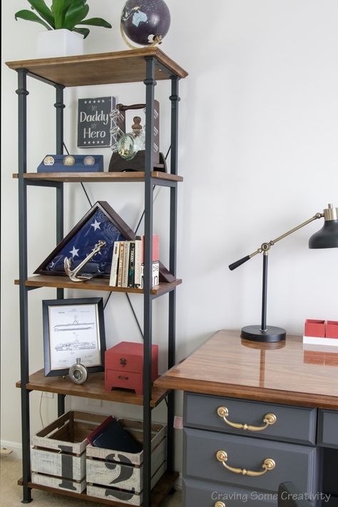 Masculine Office with a patriotic themed room and military decor accessories. Industrial design included in this complete makeover. Military Office Decor Ideas, Military Wall Decor Ideas, Masculine Office, Military Home Decor, Monochromatic Interior Design, Military Decor, Small Room Design, Office Makeover, Minimalist Home Decor