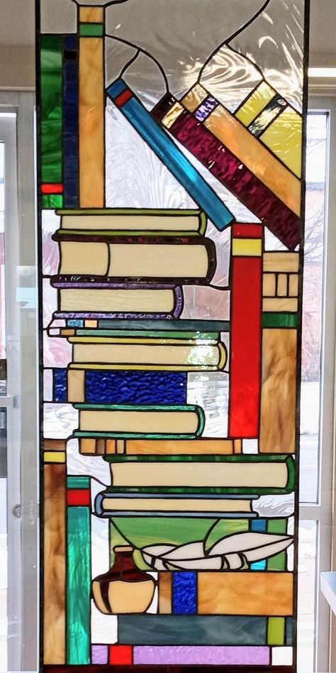 Stained Glass Sidelight S-62 Book Tower - Etsy Craftsman Stained Glass Panels, Modern Stained Glass Panels, Book Tower, Glass Book, Bathroom Window, Glass Diy, Antique Stain, Central City, Book Ends