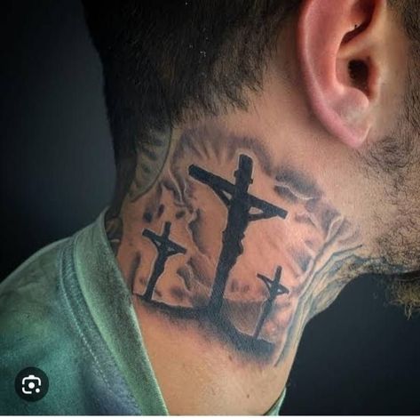 Three Crosses Tattoo Behind Ear, 3 Crosses On Neck Tattoo, Crosses On Neck Tattoo, Dope Neck Tattoos For Men, Neck Script Tattoo Inspiration, Crosses Neck Tattoo, 3 Crosses Tattoo Men Neck, Religious Neck Tattoo, Cross Neck Tattoo Men